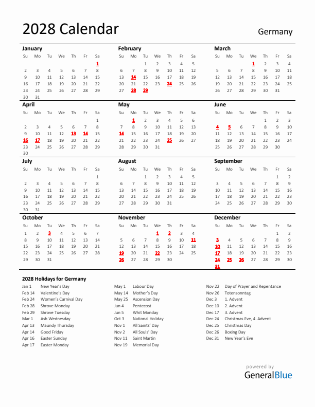 Standard Holiday Calendar for 2028 with Germany Holidays 