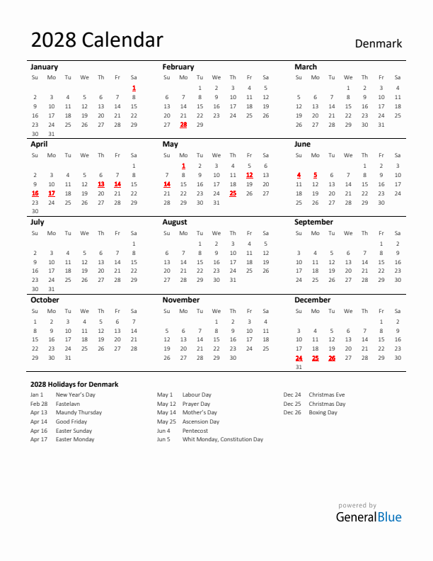 Standard Holiday Calendar for 2028 with Denmark Holidays 