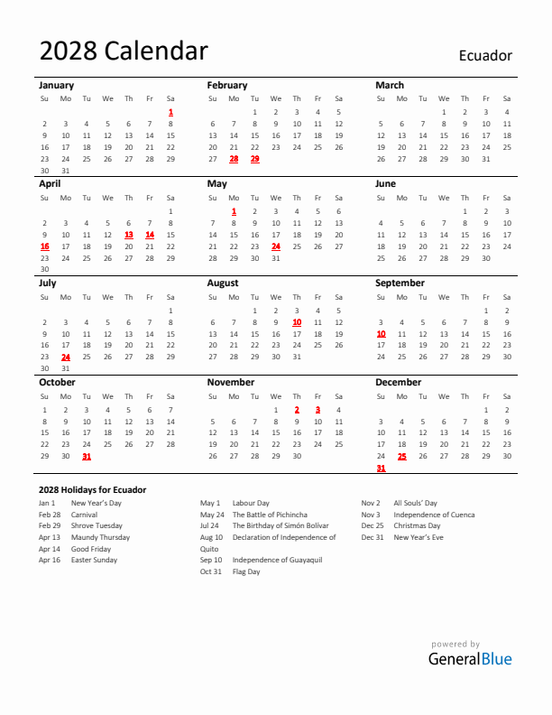 Standard Holiday Calendar for 2028 with Ecuador Holidays 