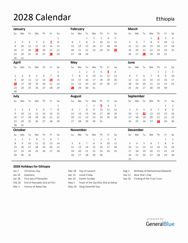 Standard Holiday Calendar for 2028 with Ethiopia Holidays 