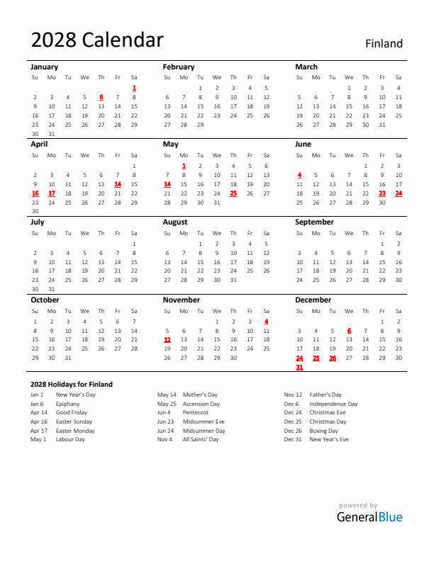 Standard Holiday Calendar for 2028 with Finland Holidays 