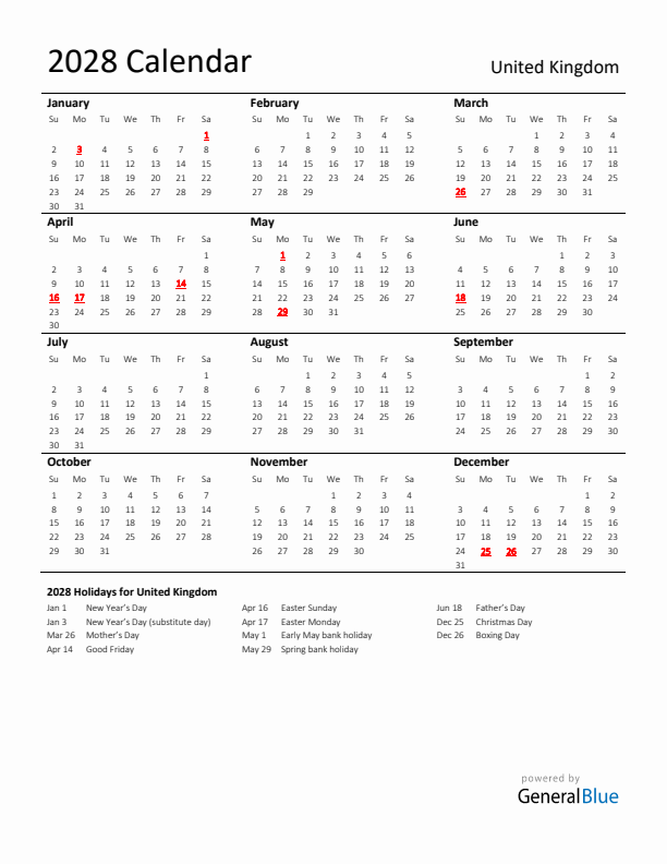 Standard Holiday Calendar for 2028 with United Kingdom Holidays 