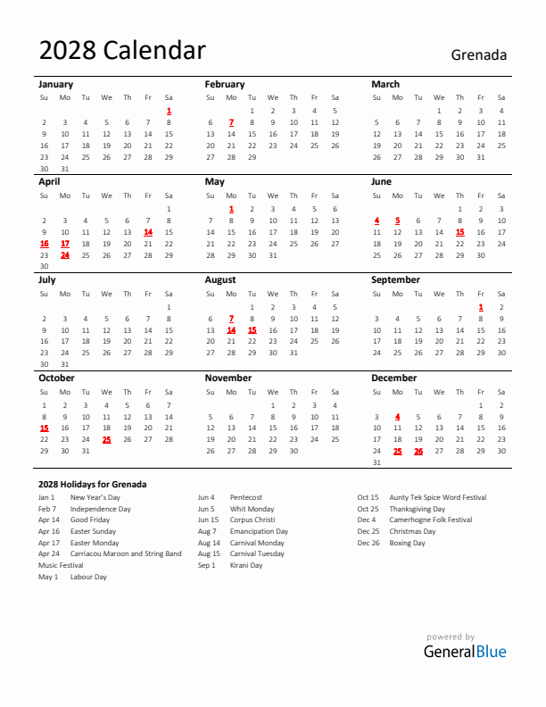 Standard Holiday Calendar for 2028 with Grenada Holidays 