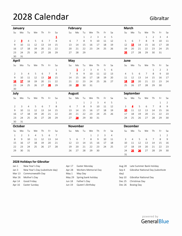 Standard Holiday Calendar for 2028 with Gibraltar Holidays 