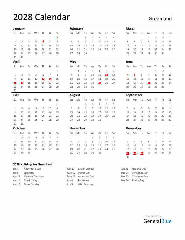 Standard Holiday Calendar for 2028 with Greenland Holidays 