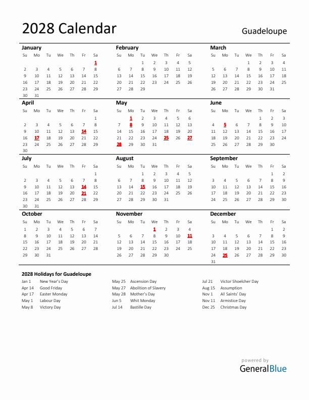 Standard Holiday Calendar for 2028 with Guadeloupe Holidays 