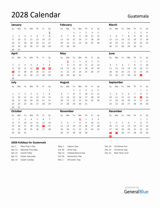 Standard Holiday Calendar for 2028 with Guatemala Holidays 