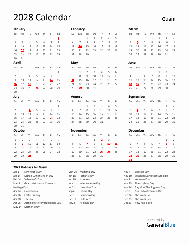 Standard Holiday Calendar for 2028 with Guam Holidays 