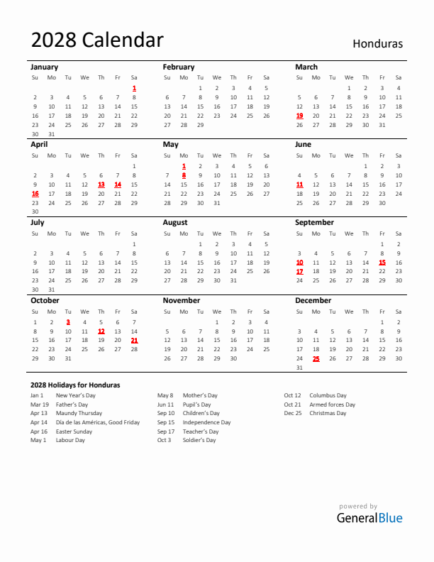 Standard Holiday Calendar for 2028 with Honduras Holidays 
