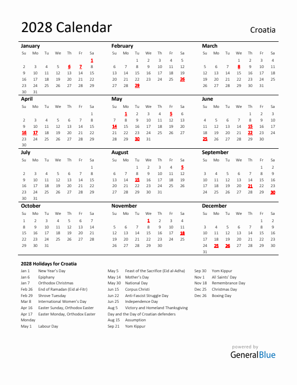 Standard Holiday Calendar for 2028 with Croatia Holidays 