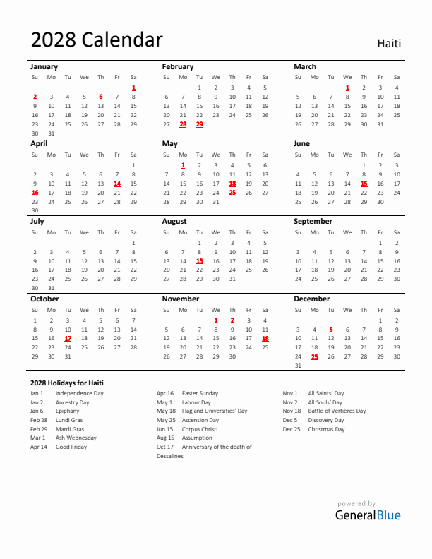 Standard Holiday Calendar for 2028 with Haiti Holidays 