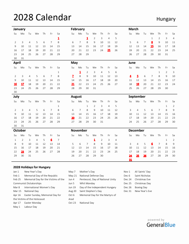 Standard Holiday Calendar for 2028 with Hungary Holidays 