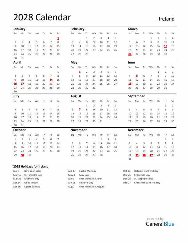 Standard Holiday Calendar for 2028 with Ireland Holidays 