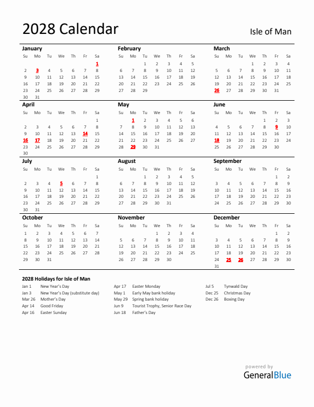 Standard Holiday Calendar for 2028 with Isle of Man Holidays 