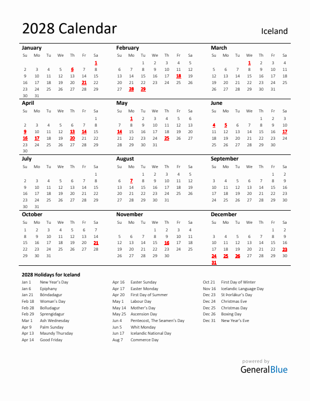 Standard Holiday Calendar for 2028 with Iceland Holidays 