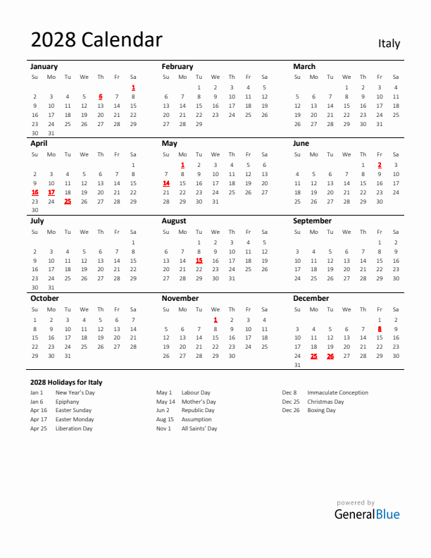 Standard Holiday Calendar for 2028 with Italy Holidays 