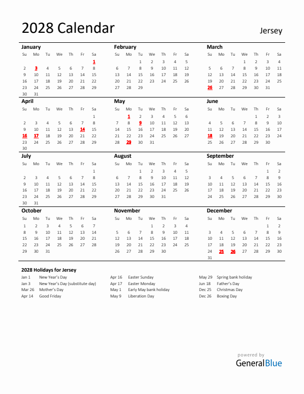 Standard Holiday Calendar for 2028 with Jersey Holidays 