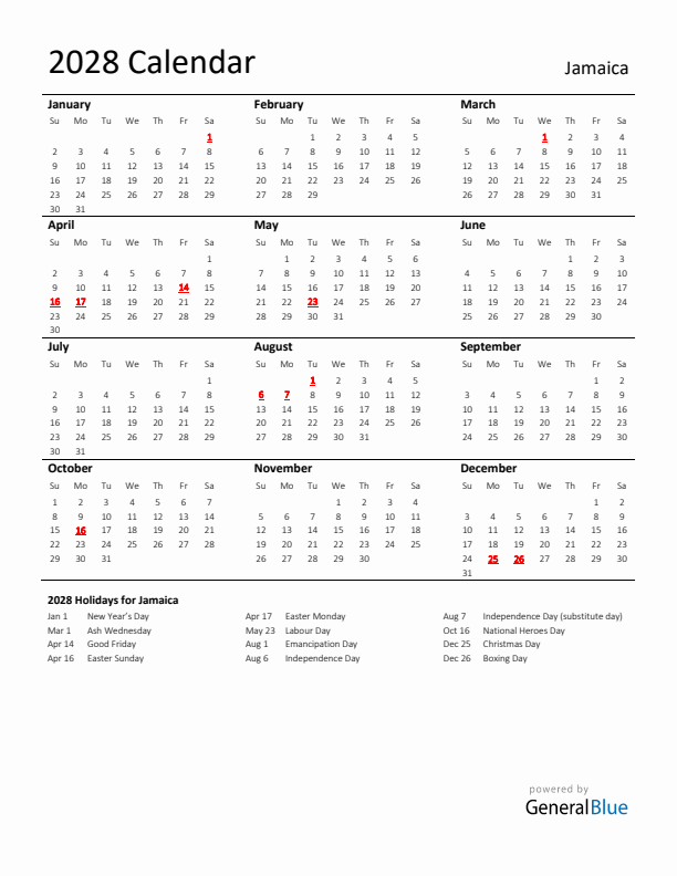 Standard Holiday Calendar for 2028 with Jamaica Holidays 