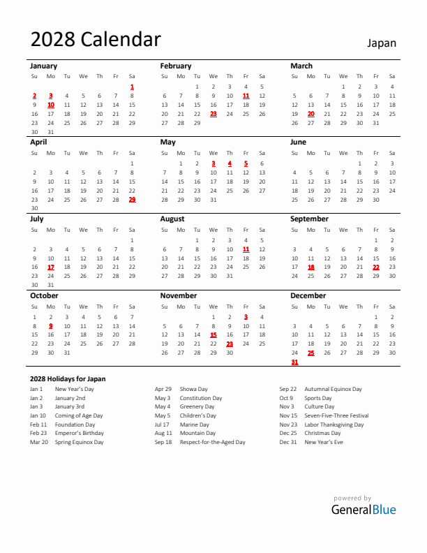 Standard Holiday Calendar for 2028 with Japan Holidays 