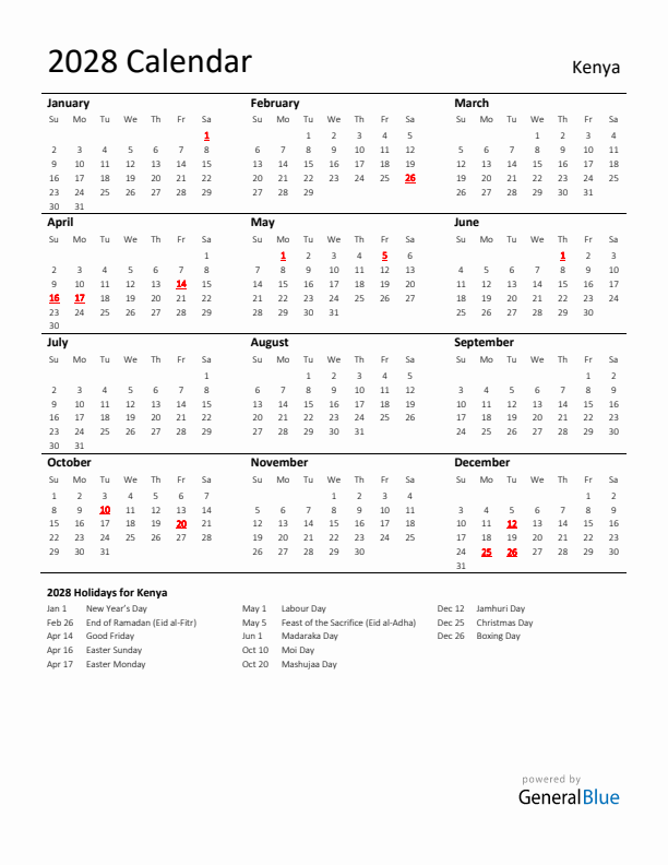 Standard Holiday Calendar for 2028 with Kenya Holidays 