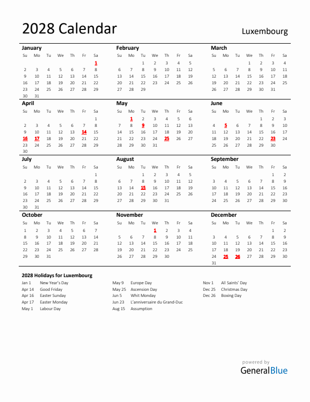 Standard Holiday Calendar for 2028 with Luxembourg Holidays 