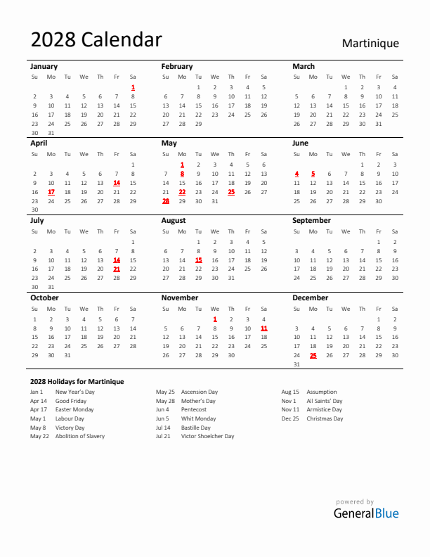 Standard Holiday Calendar for 2028 with Martinique Holidays 