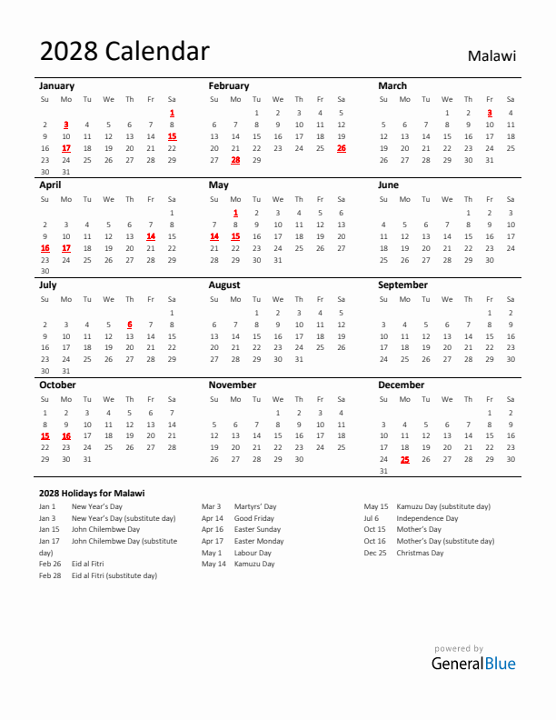 Standard Holiday Calendar for 2028 with Malawi Holidays 