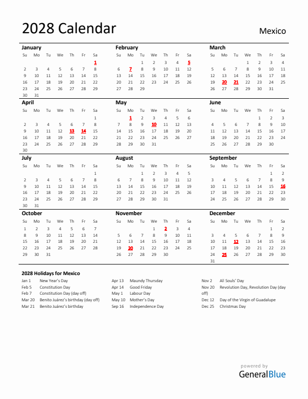 Standard Holiday Calendar for 2028 with Mexico Holidays 