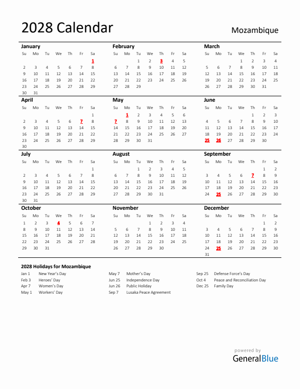 Standard Holiday Calendar for 2028 with Mozambique Holidays 