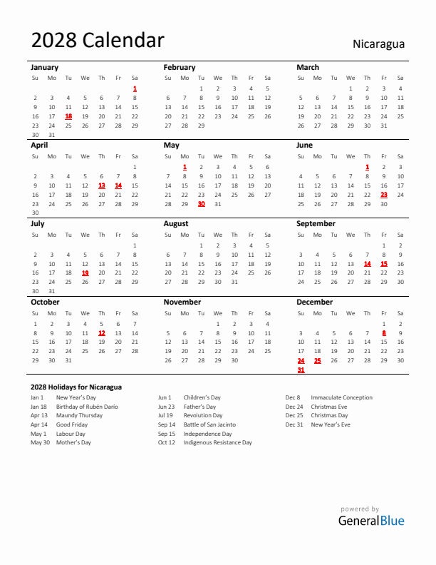 Standard Holiday Calendar for 2028 with Nicaragua Holidays 