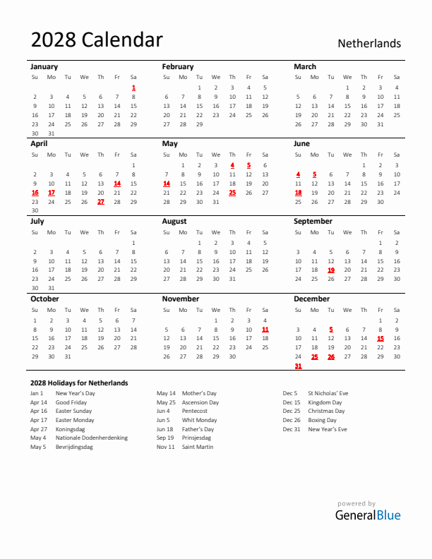 Standard Holiday Calendar for 2028 with The Netherlands Holidays 