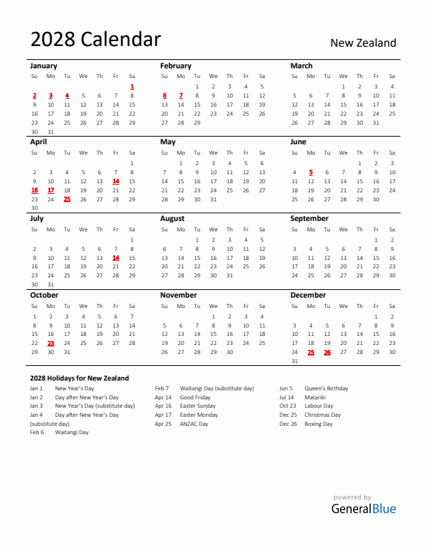 Standard Holiday Calendar for 2028 with New Zealand Holidays 