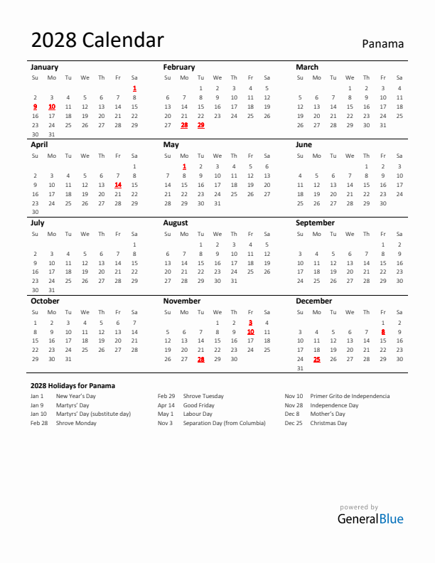 Standard Holiday Calendar for 2028 with Panama Holidays 