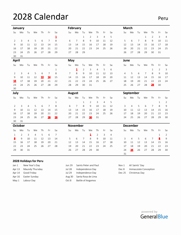 Standard Holiday Calendar for 2028 with Peru Holidays 