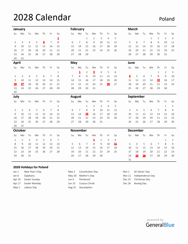 Standard Holiday Calendar for 2028 with Poland Holidays 