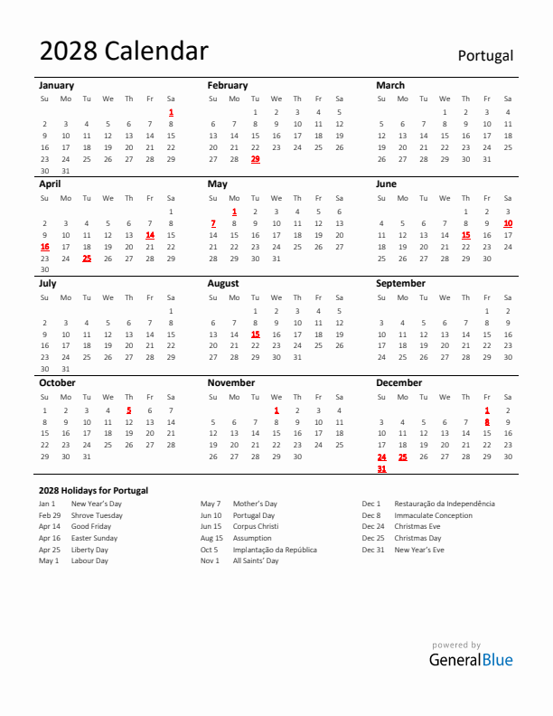 Standard Holiday Calendar for 2028 with Portugal Holidays 