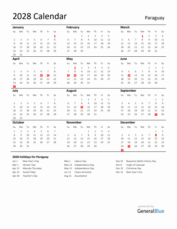 Standard Holiday Calendar for 2028 with Paraguay Holidays 