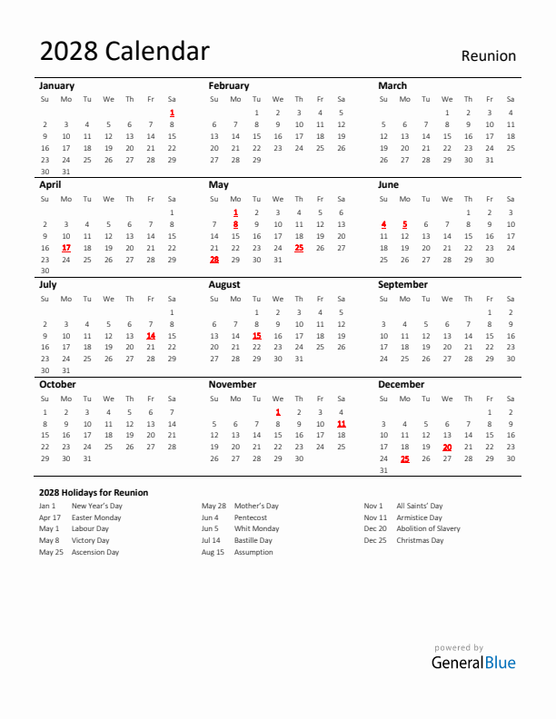 Standard Holiday Calendar for 2028 with Reunion Holidays 