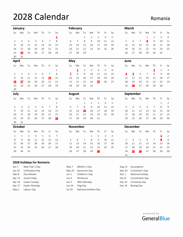 Standard Holiday Calendar for 2028 with Romania Holidays 