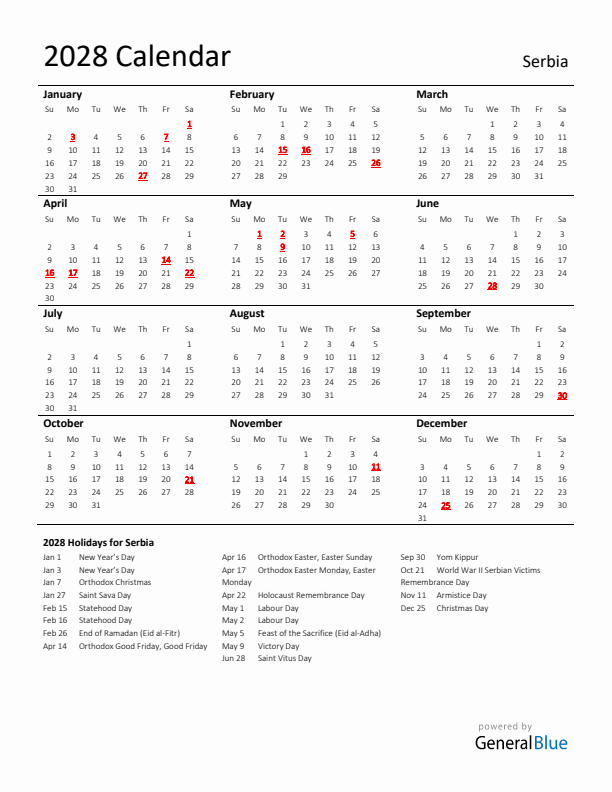 Standard Holiday Calendar for 2028 with Serbia Holidays 
