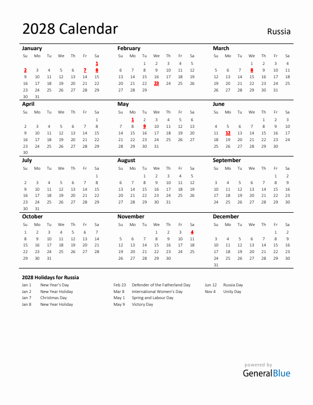 Standard Holiday Calendar for 2028 with Russia Holidays 