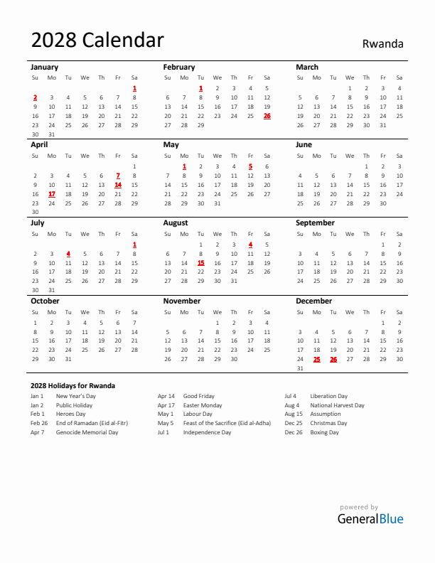Standard Holiday Calendar for 2028 with Rwanda Holidays 