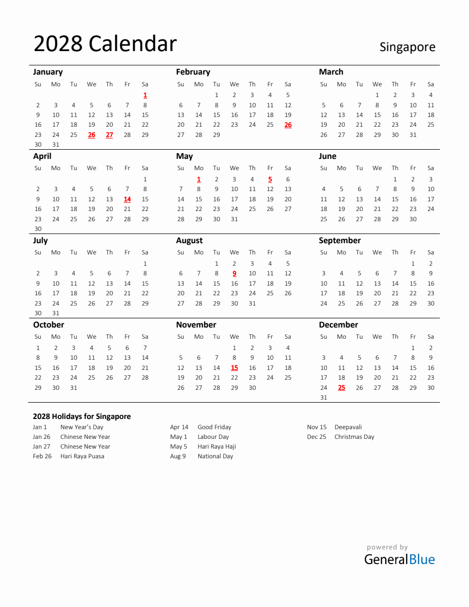 Standard Holiday Calendar for 2028 with Singapore Holidays