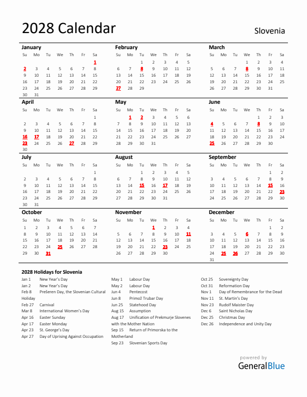 Standard Holiday Calendar for 2028 with Slovenia Holidays 