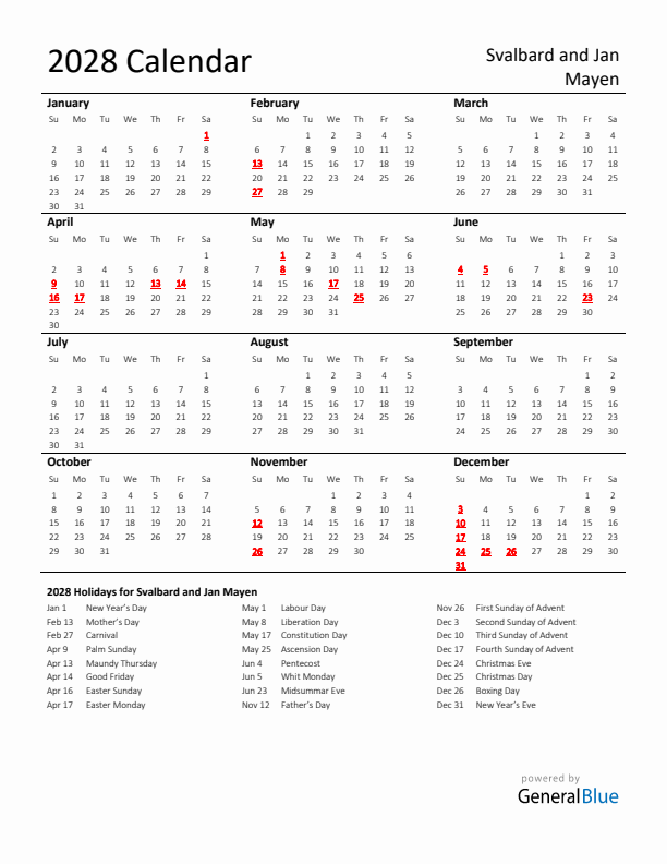 Standard Holiday Calendar for 2028 with Svalbard and Jan Mayen Holidays 