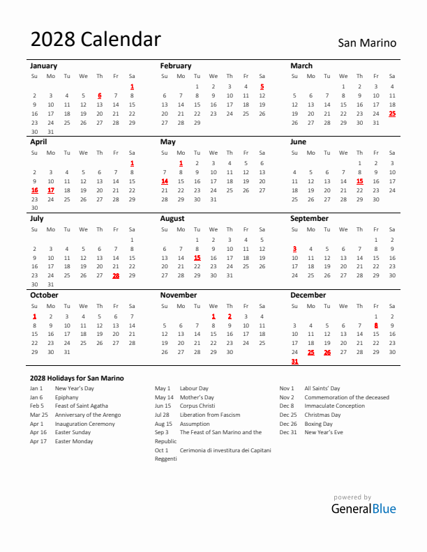 Standard Holiday Calendar for 2028 with San Marino Holidays 