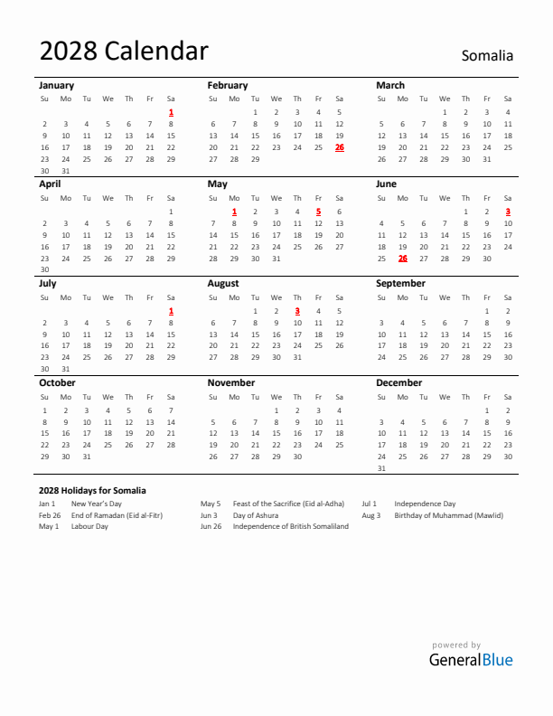 Standard Holiday Calendar for 2028 with Somalia Holidays 