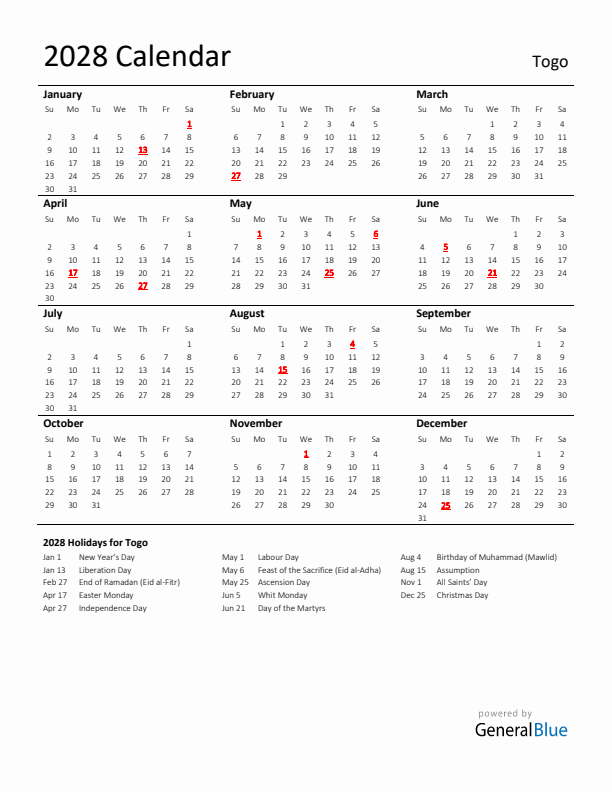 Standard Holiday Calendar for 2028 with Togo Holidays 