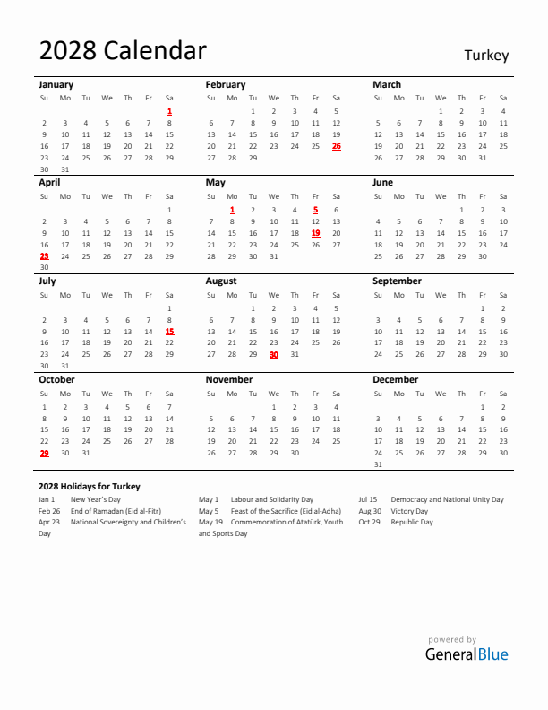 Standard Holiday Calendar for 2028 with Turkey Holidays 