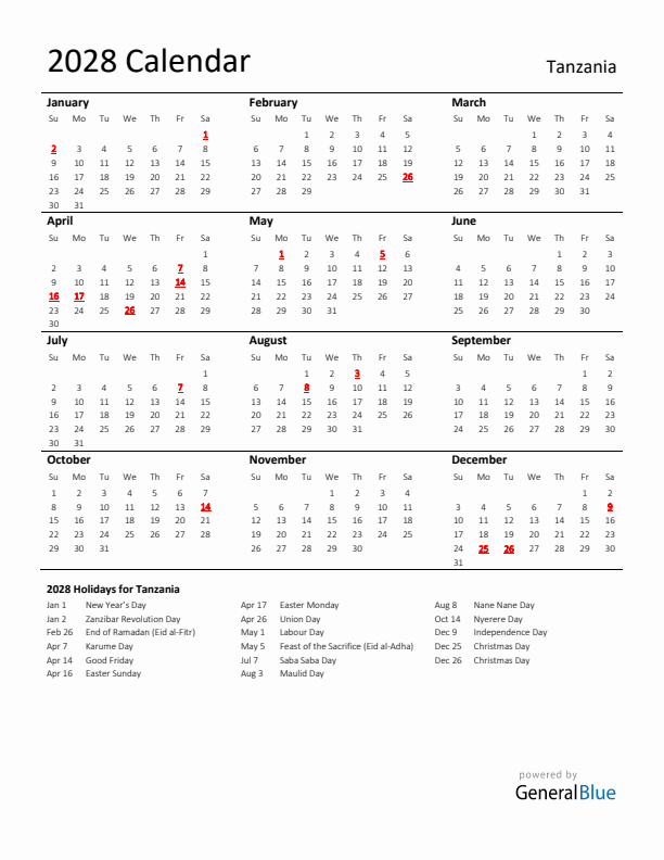 Standard Holiday Calendar for 2028 with Tanzania Holidays 